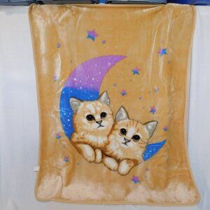VTG 2005 Tan Tabby Cat Kitten Purple blue Moon Star Fleece Blanket Plush 53 x 42